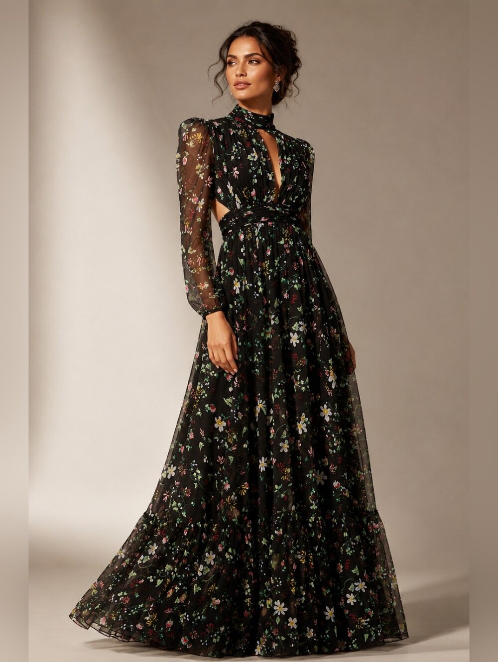 Mac Duggal 67942 Black Floral Chiffon Gown – Size 0 | NWT